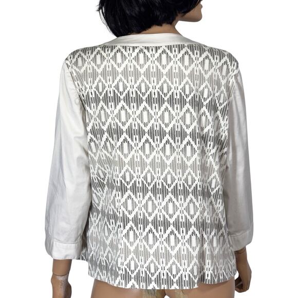 Open Front Jacket Ivory Geometric Chicos L Pockets Boho Chic Coastal Grandmother - Picture 3 of 11